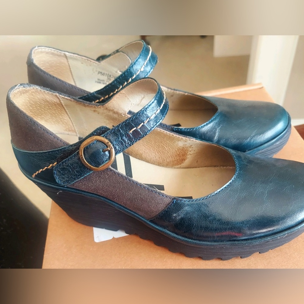 Fly London Teal Blue and Gray Wedge Mary Janes